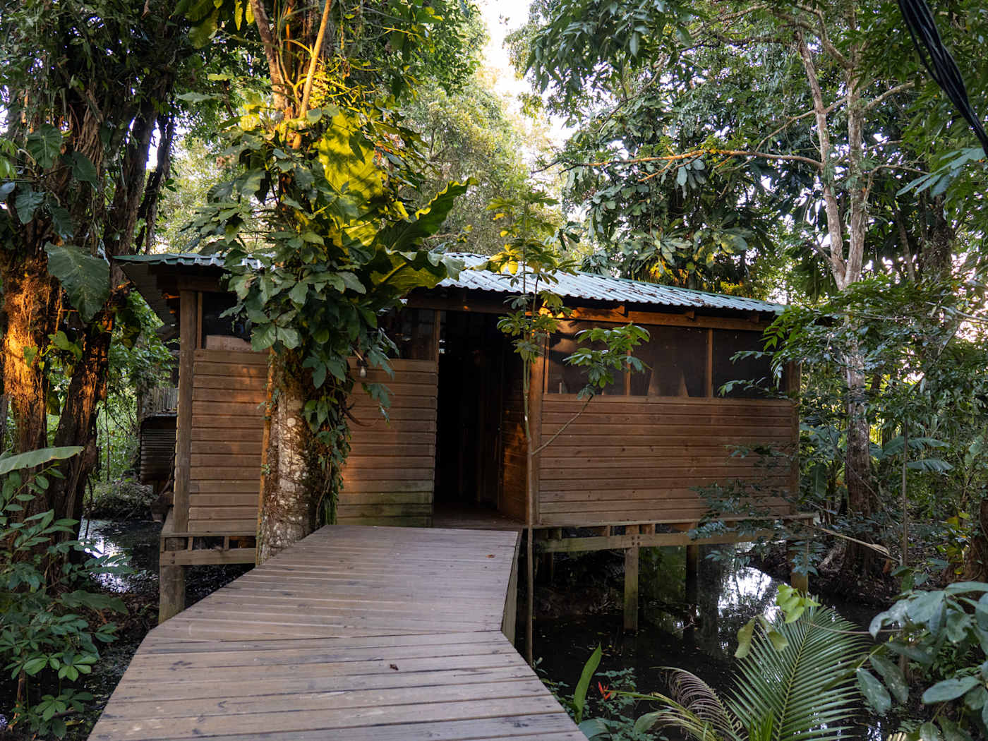 Wooden cabin on stilts over the water