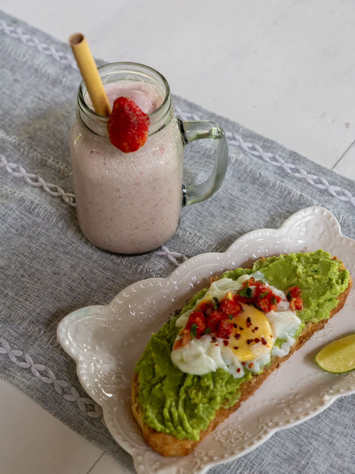 Breakfast plates on a wooden table