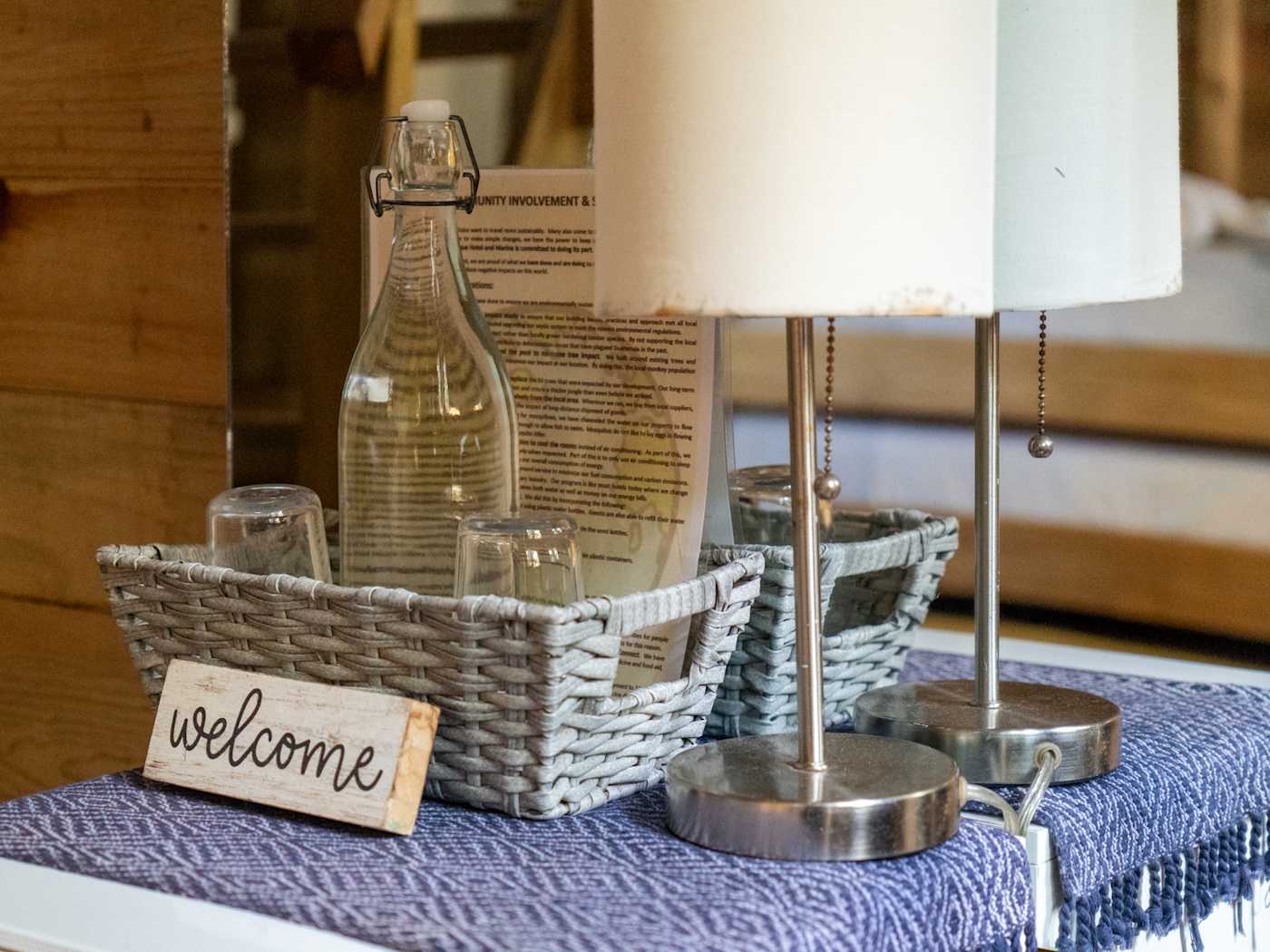 Bedside tray with water and lamps